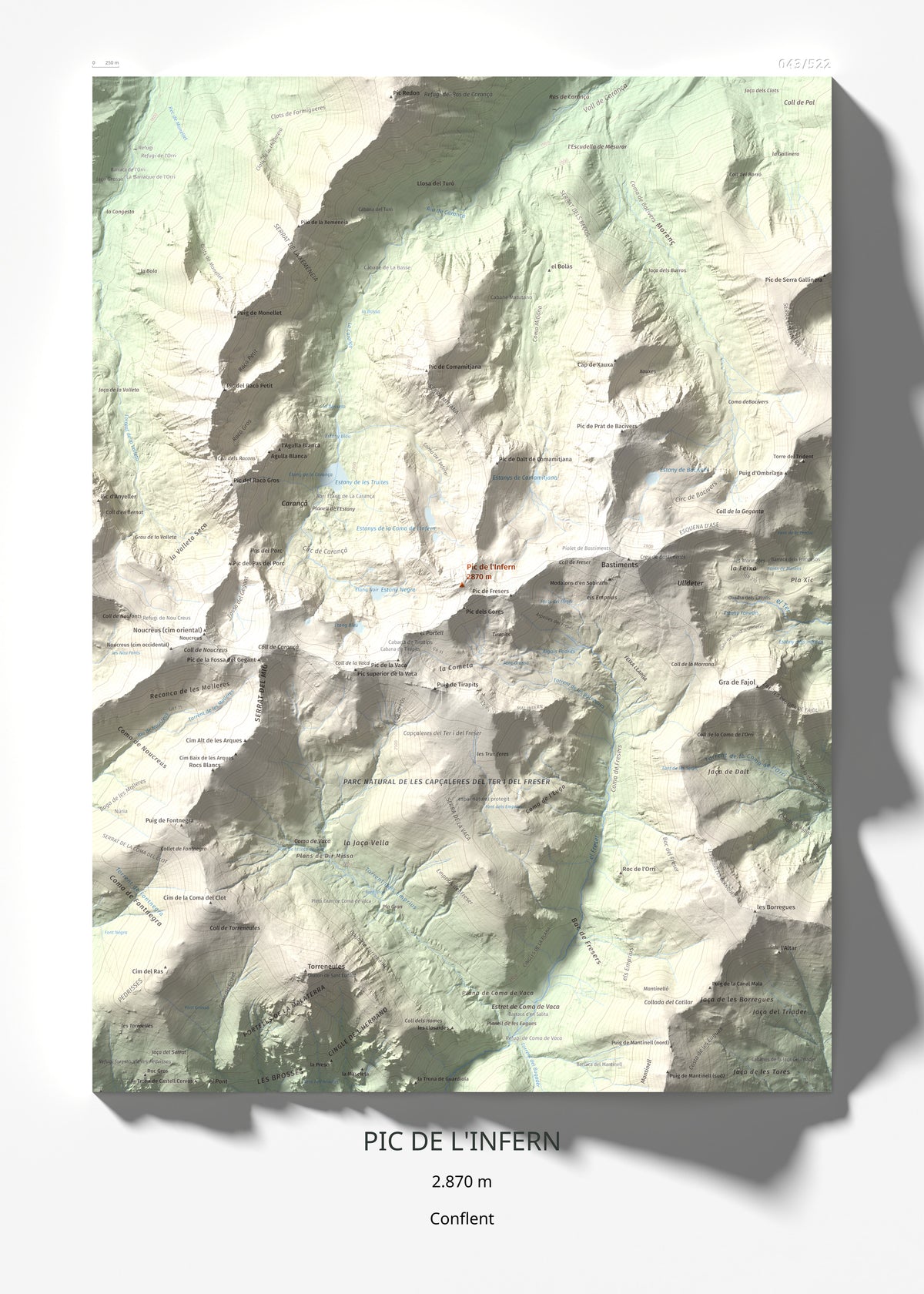 Mapa de relieve de Pic de l'Infern, 2870 m, Conflent, lámina 100 Cims de Trobart 50 × 70 cm.