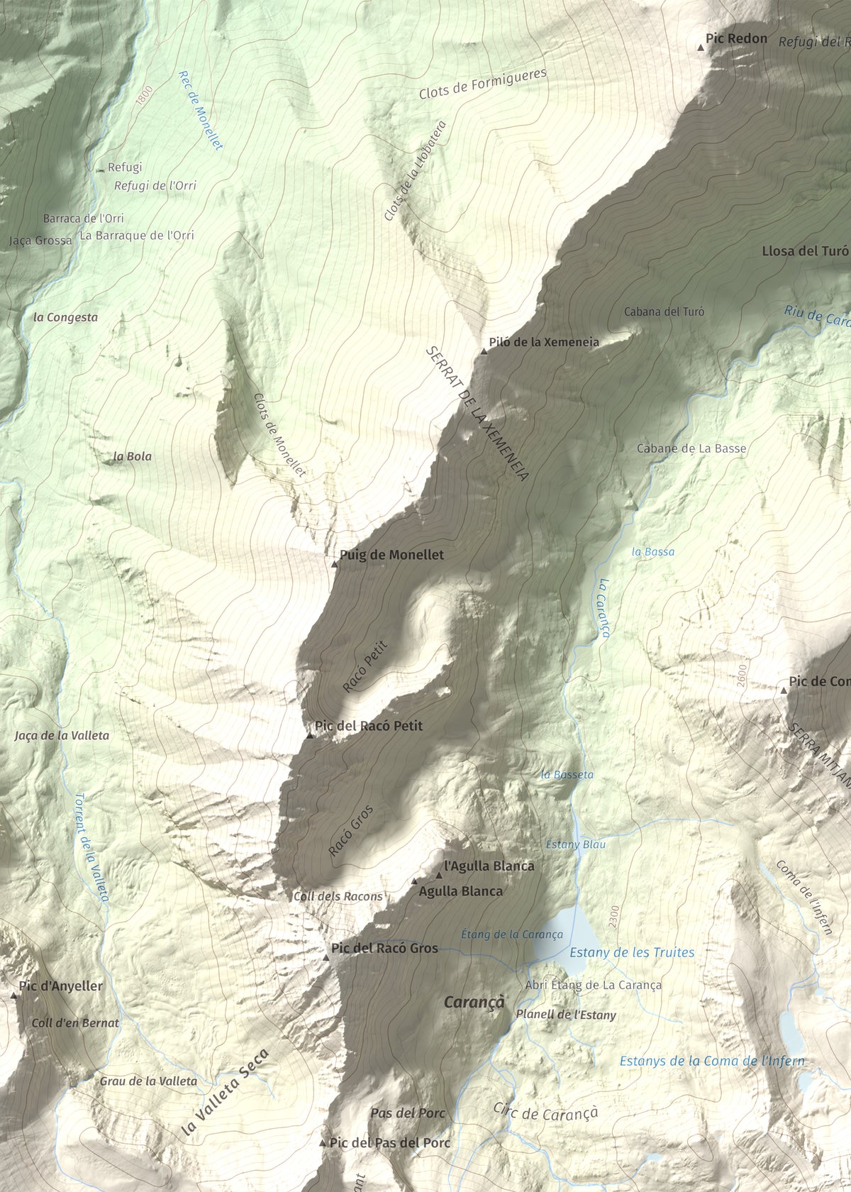 Mapa de relieve de Pic de l'Infern, 2870 m, Conflent, lámina 100 Cims de Trobart. Detalle de la zona superior izquierda. 50 × 70 cm.
