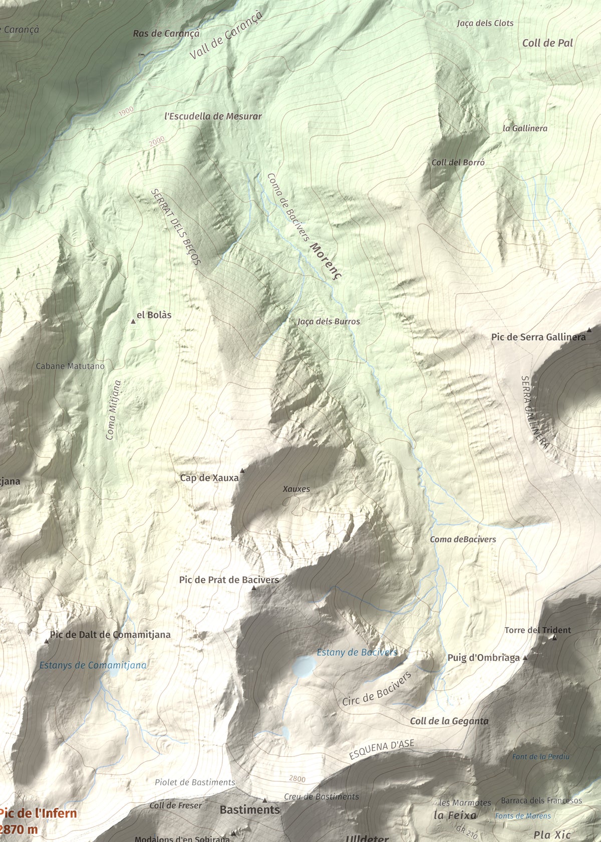 Mapa de relieve de Pic de l'Infern, 2870 m, Conflent, lámina 100 Cims de Trobart. Detalle de la zona superior derecha. 50 × 70 cm.