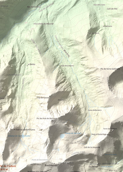 Mapa de relieve de Pic de l'Infern, 2870 m, Conflent, lámina 100 Cims de Trobart. Detalle de la zona superior derecha. 50 × 70 cm.