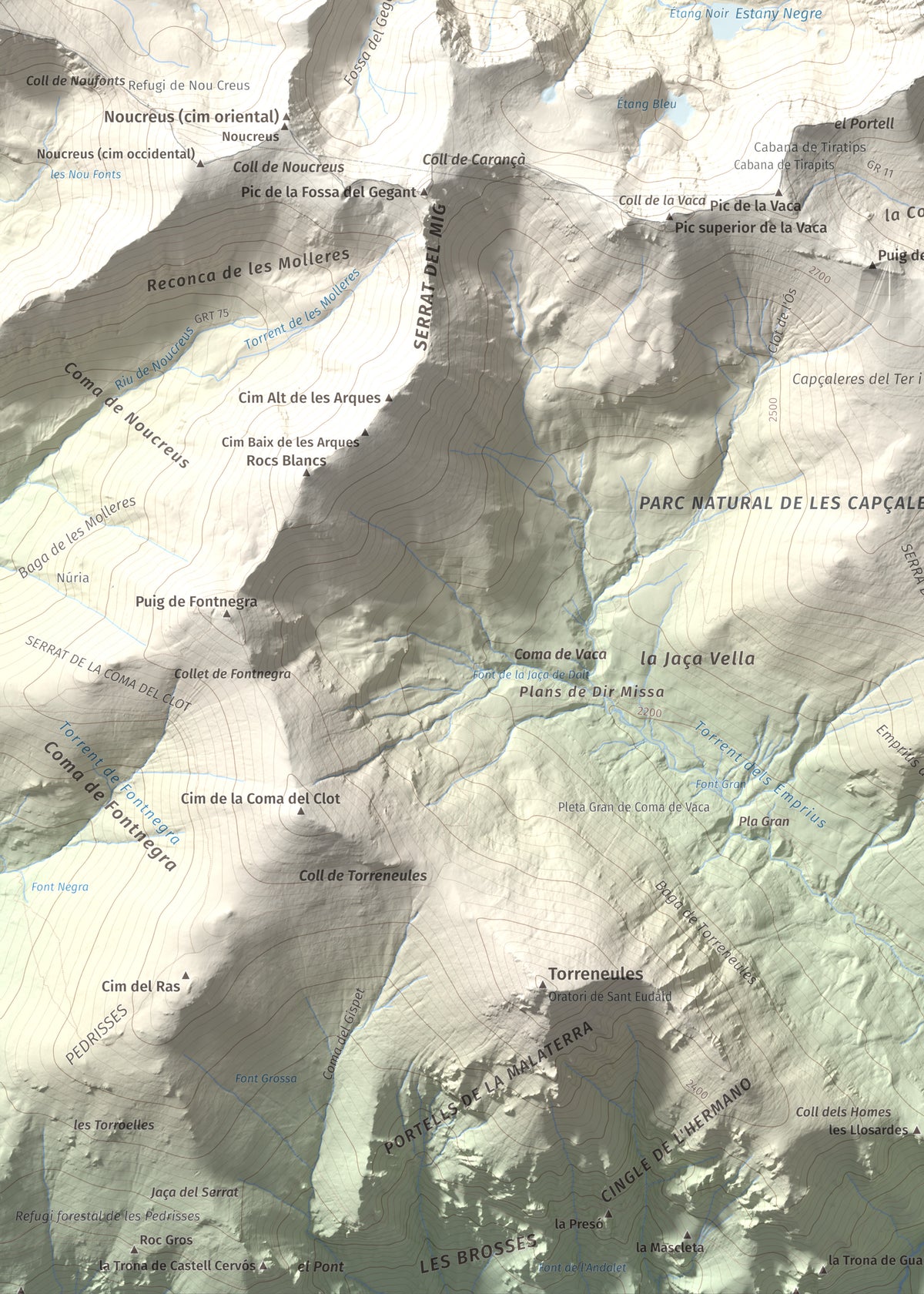 Mapa de relieve de Pic de l'Infern, 2870 m, Conflent, lámina 100 Cims de Trobart. Detalle de la zona inferior izquierda. 50 × 70 cm.