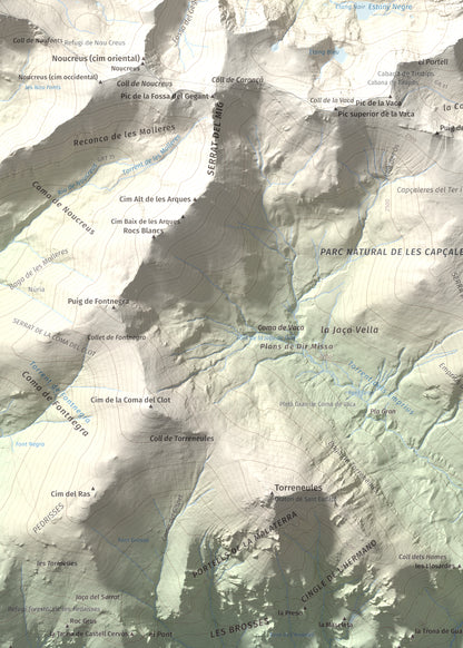 Mapa de relieve de Pic de l'Infern, 2870 m, Conflent, lámina 100 Cims de Trobart. Detalle de la zona inferior izquierda. 50 × 70 cm.