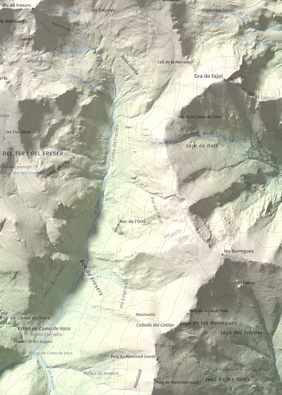Mapa de relieve de Pic de l'Infern, 2870 m, Conflent, lámina 100 Cims de Trobart. Detalle de la zona inferior derecha. 50 × 70 cm.