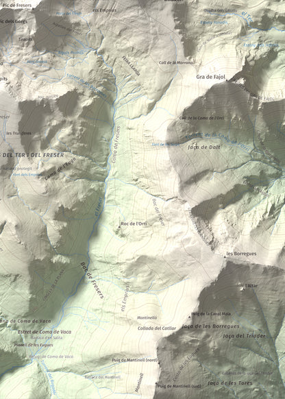 Mapa de relieve de Pic de l'Infern, 2870 m, Conflent, lámina 100 Cims de Trobart. Detalle de la zona inferior derecha. 50 × 70 cm.