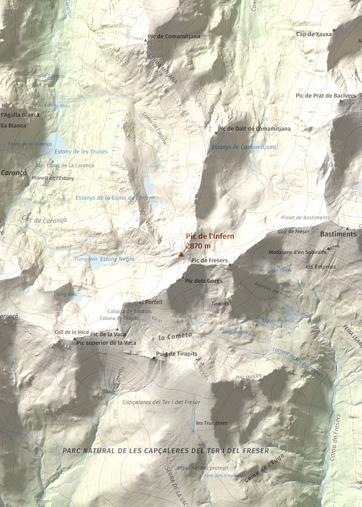 Mapa de relieve de Pic de l'Infern, 2870 m, Conflent, lámina 100 Cims de Trobart. Detalle de la zona central. 50 × 70 cm.