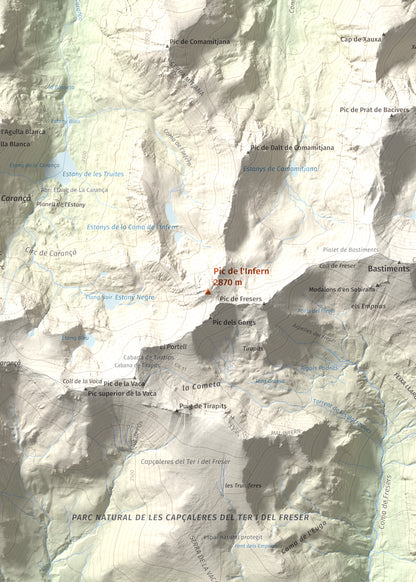 Mapa de relieve de Pic de l'Infern, 2870 m, Conflent, lámina 100 Cims de Trobart. Detalle de la zona central. 50 × 70 cm.