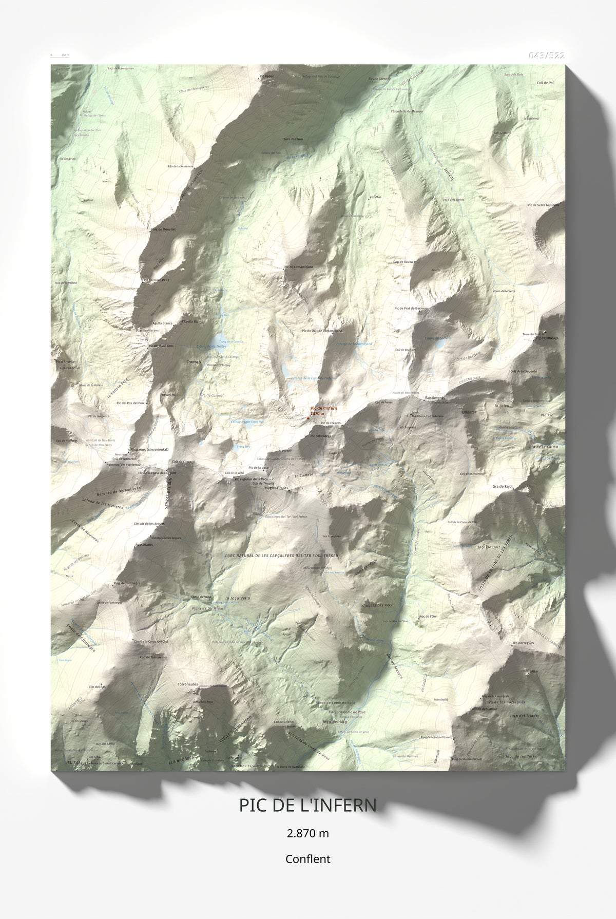 Mapa de relieve de Pic de l'Infern, 2870 m, Conflent, lámina 100 Cims de Trobart 61 × 91 cm.