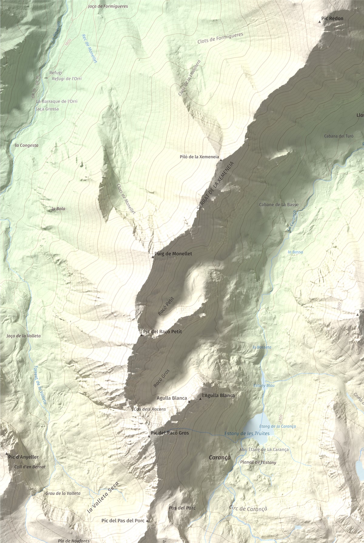 Mapa de relieve de Pic de l'Infern, 2870 m, Conflent, lámina 100 Cims de Trobart. Detalle de la zona superior izquierda. 61 × 91 cm.