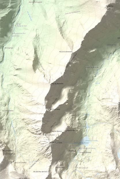 Mapa de relieve de Pic de l'Infern, 2870 m, Conflent, lámina 100 Cims de Trobart. Detalle de la zona superior izquierda. 61 × 91 cm.