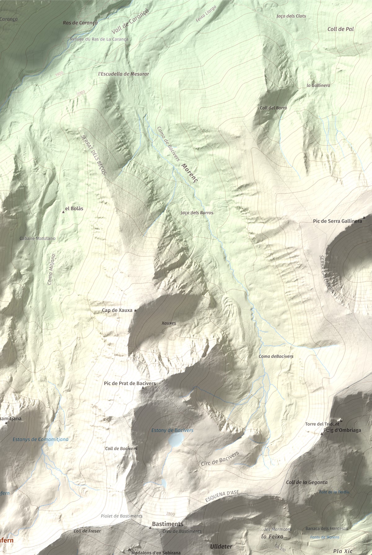 Mapa de relieve de Pic de l'Infern, 2870 m, Conflent, lámina 100 Cims de Trobart. Detalle de la zona superior derecha. 61 × 91 cm.