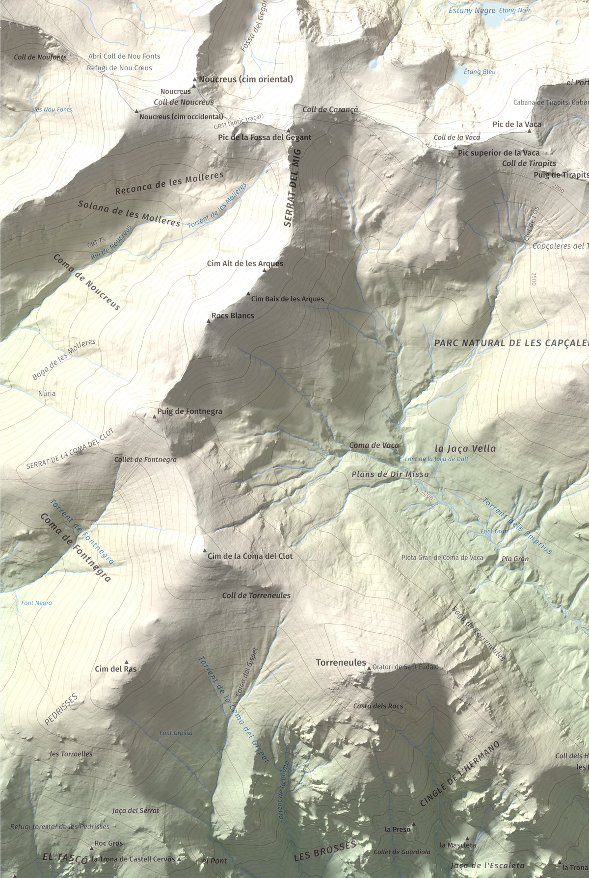 Mapa de relieve de Pic de l'Infern, 2870 m, Conflent, lámina 100 Cims de Trobart. Detalle de la zona inferior izquierda. 61 × 91 cm.
