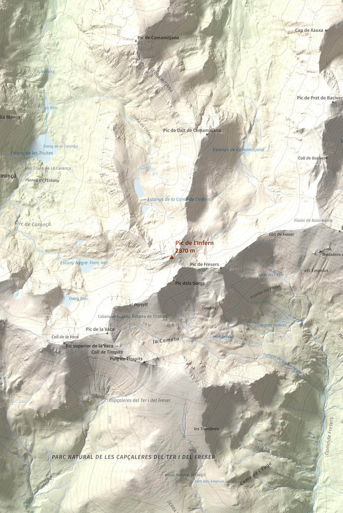 Mapa de relieve de Pic de l'Infern, 2870 m, Conflent, lámina 100 Cims de Trobart. Detalle de la zona central. 61 × 91 cm.