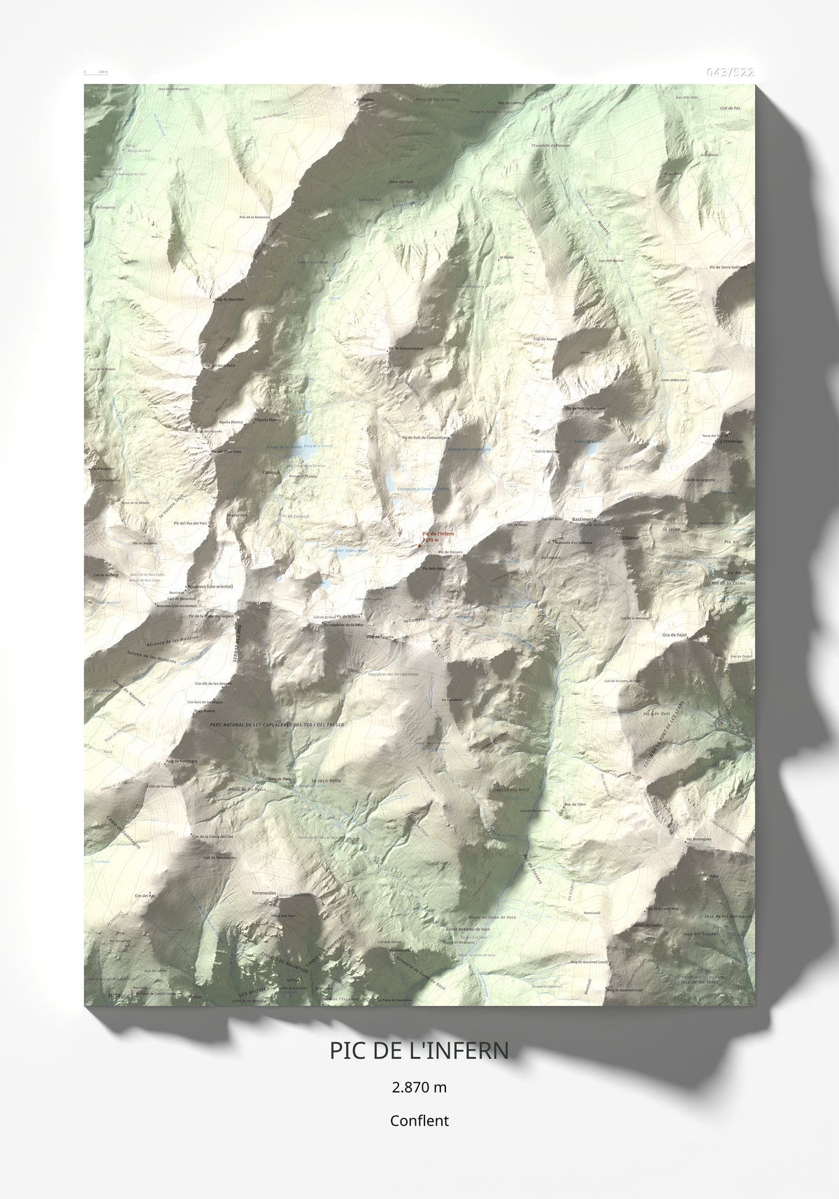 Mapa de relieve de Pic de l'Infern, 2870 m, Conflent, lámina 100 Cims de Trobart 70 × 100 cm.