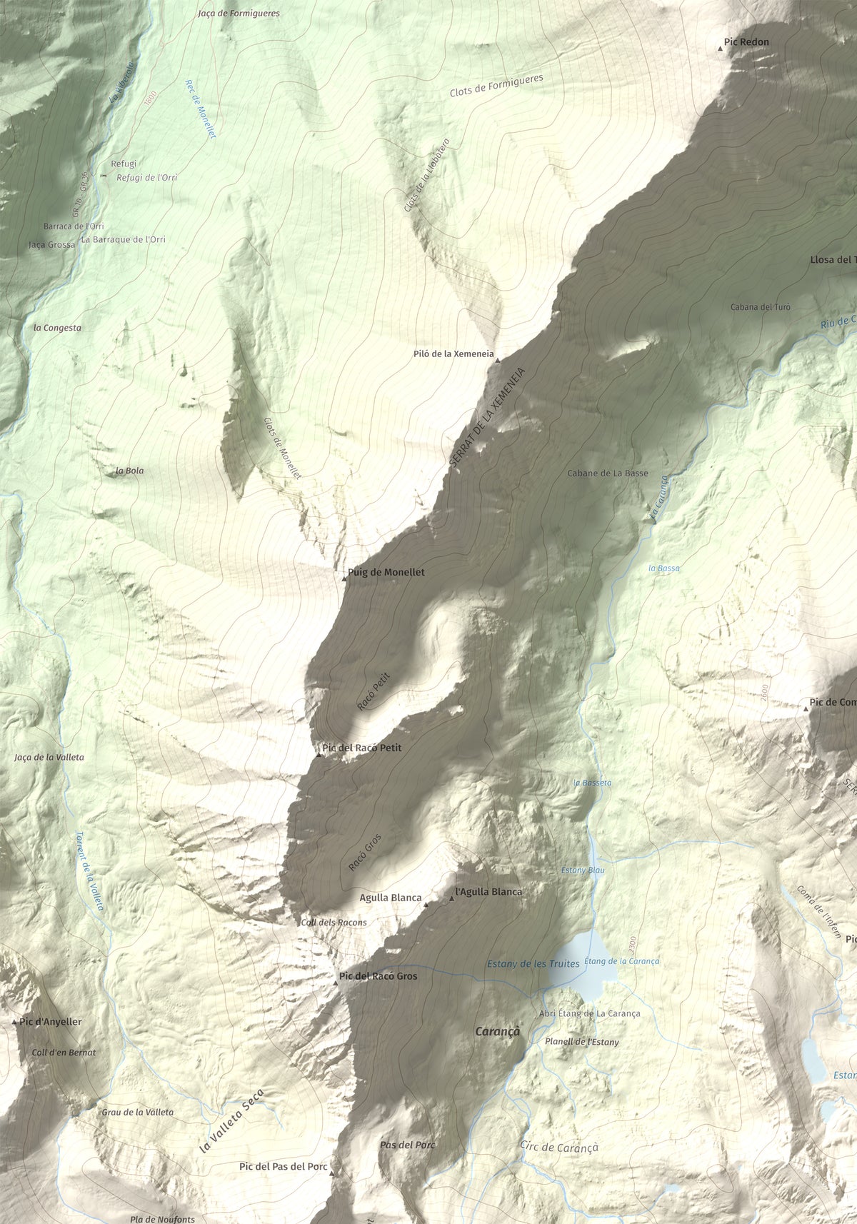 Mapa de relieve de Pic de l'Infern, 2870 m, Conflent, lámina 100 Cims de Trobart. Detalle de la zona superior izquierda. 70 × 100 cm.