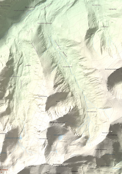 Mapa de relieve de Pic de l'Infern, 2870 m, Conflent, lámina 100 Cims de Trobart. Detalle de la zona superior derecha. 70 × 100 cm.