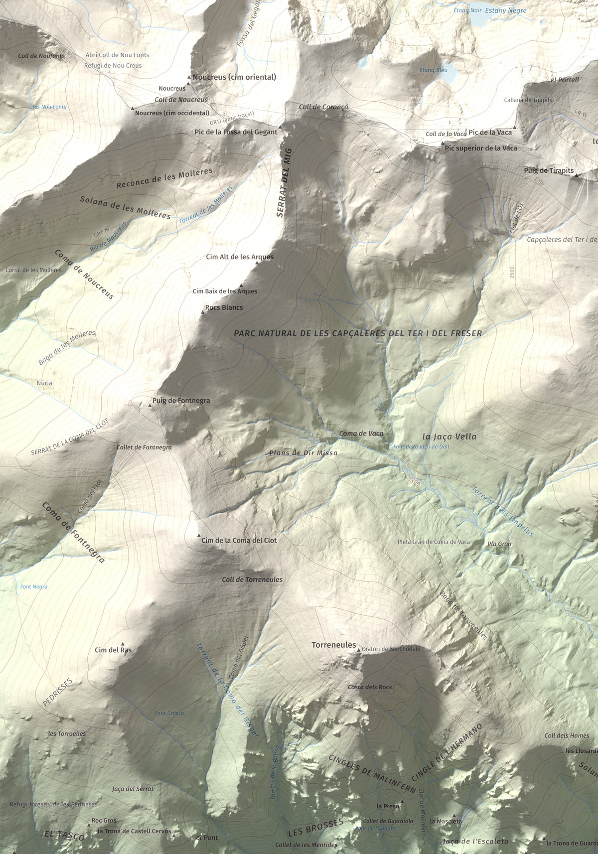 Mapa de relieve de Pic de l'Infern, 2870 m, Conflent, lámina 100 Cims de Trobart. Detalle de la zona inferior izquierda. 70 × 100 cm.