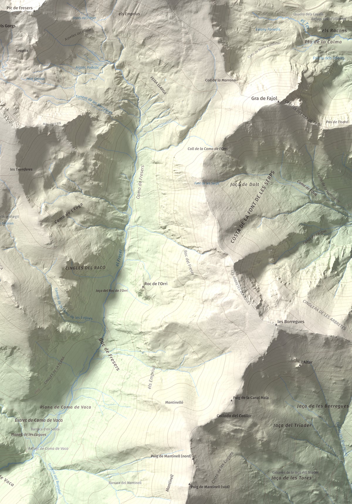 Mapa de relieve de Pic de l'Infern, 2870 m, Conflent, lámina 100 Cims de Trobart. Detalle de la zona inferior derecha. 70 × 100 cm.