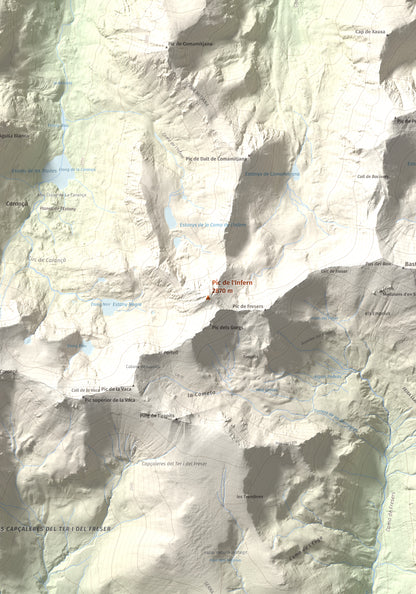 Mapa de relieve de Pic de l'Infern, 2870 m, Conflent, lámina 100 Cims de Trobart. Detalle de la zona central. 70 × 100 cm.