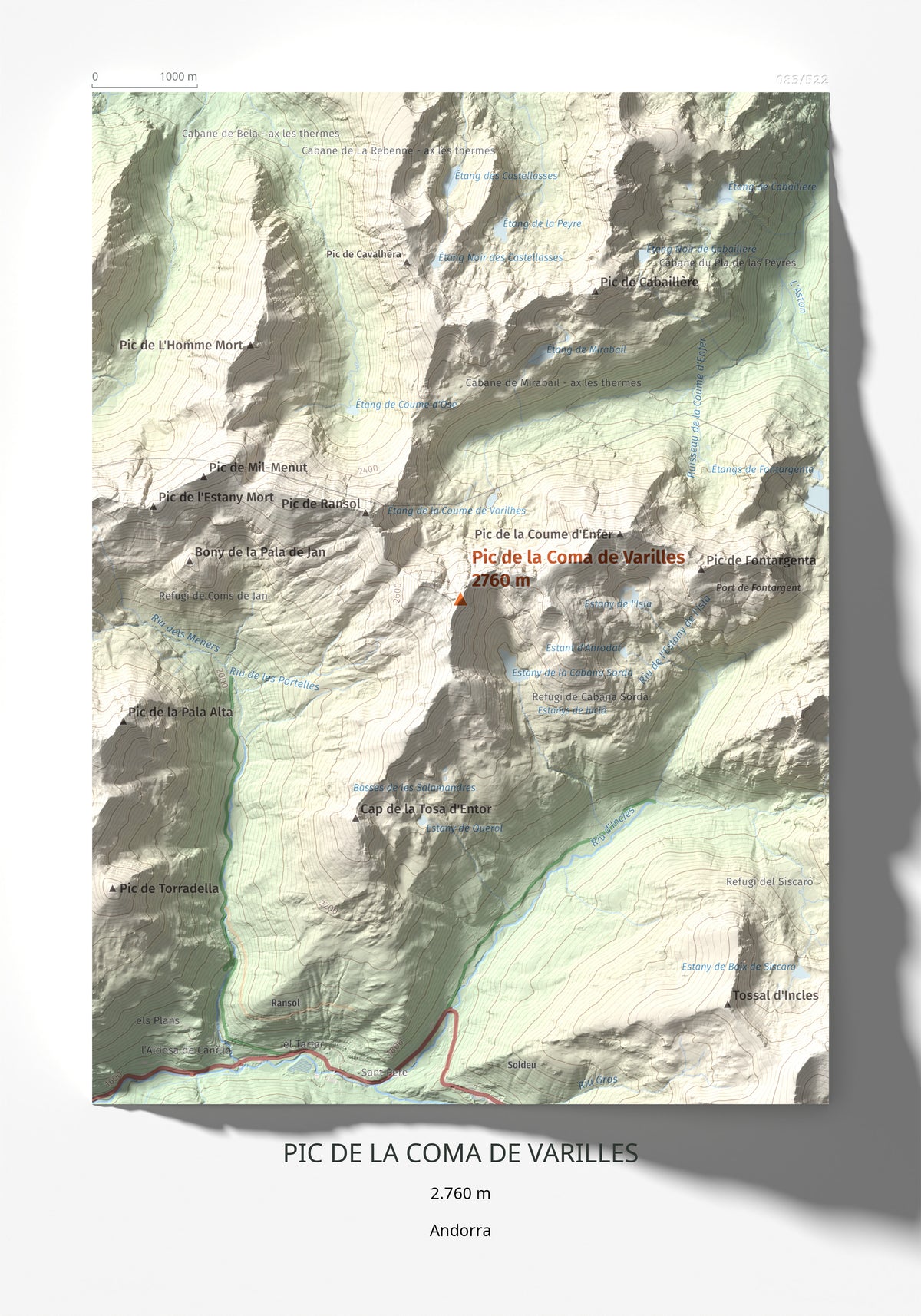 Mapa de relieve de Pic de la Coma de Varilles, 2760 m, Andorra, lámina 100 Cims de Trobart 21 × 30 cm.