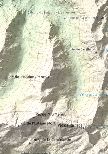 Mapa de relieve de Pic de la Coma de Varilles, 2760 m, Andorra, lámina 100 Cims de Trobart. Detalle de la zona superior izquierda. 21 × 30 cm.