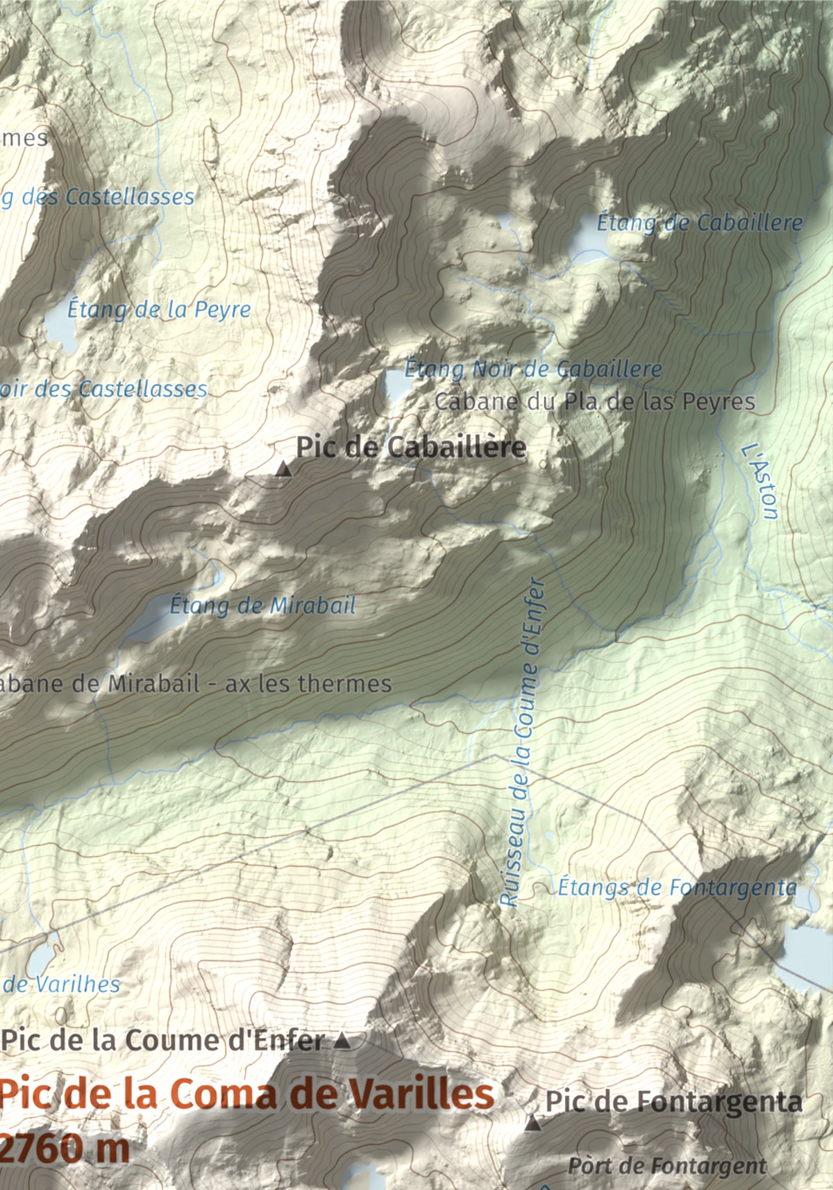 Mapa de relieve de Pic de la Coma de Varilles, 2760 m, Andorra, lámina 100 Cims de Trobart. Detalle de la zona superior derecha. 21 × 30 cm.