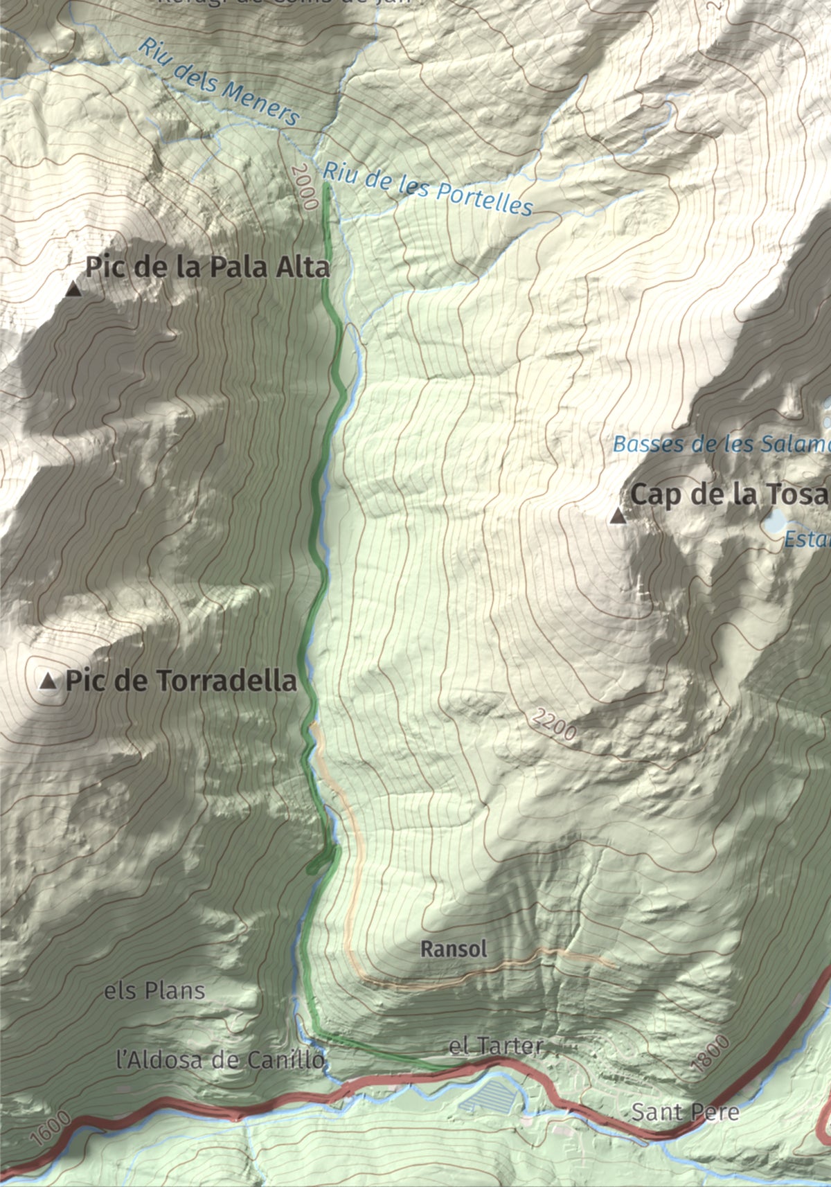 Mapa de relieve de Pic de la Coma de Varilles, 2760 m, Andorra, lámina 100 Cims de Trobart. Detalle de la zona inferior izquierda. 21 × 30 cm.