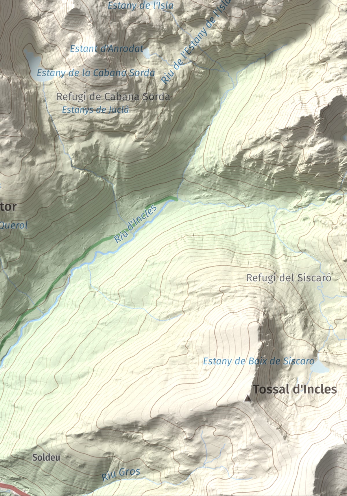 Mapa de relieve de Pic de la Coma de Varilles, 2760 m, Andorra, lámina 100 Cims de Trobart. Detalle de la zona inferior derecha. 21 × 30 cm.