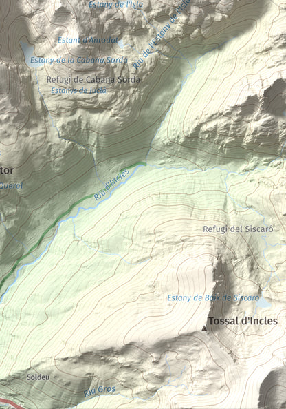 Mapa de relieve de Pic de la Coma de Varilles, 2760 m, Andorra, lámina 100 Cims de Trobart. Detalle de la zona inferior derecha. 21 × 30 cm.