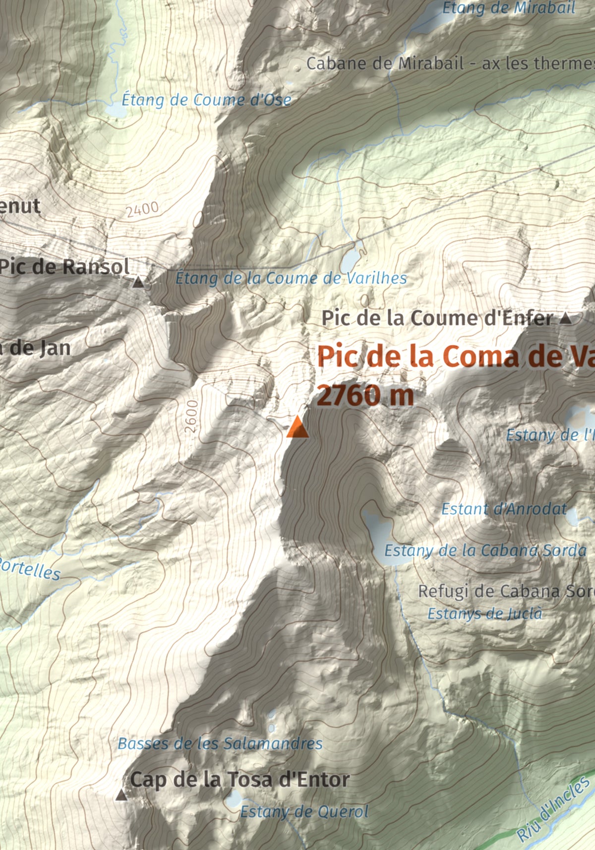 Mapa de relieve de Pic de la Coma de Varilles, 2760 m, Andorra, lámina 100 Cims de Trobart. Detalle de la zona central. 21 × 30 cm.
