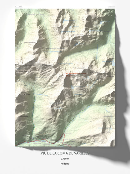 Mapa de relieve de Pic de la Coma de Varilles, 2760 m, Andorra, lámina 100 Cims de Trobart 30 × 40 cm.