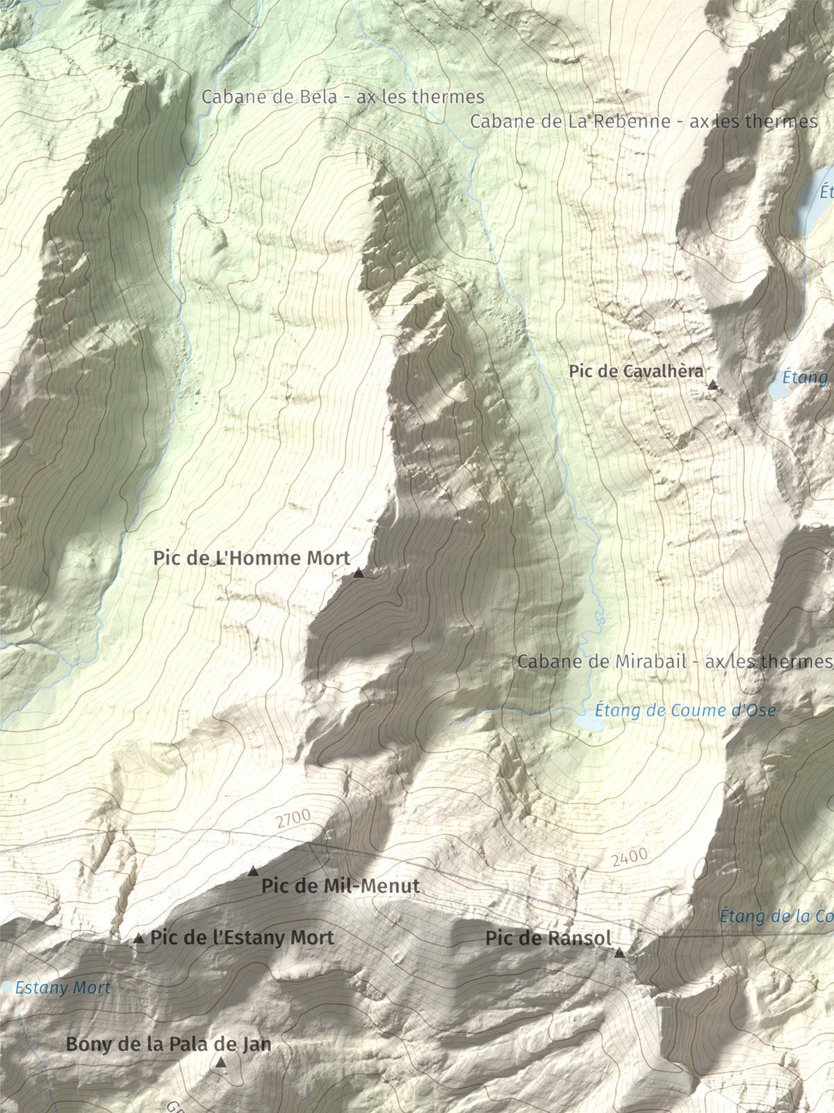 Mapa de relieve de Pic de la Coma de Varilles, 2760 m, Andorra, lámina 100 Cims de Trobart. Detalle de la zona superior izquierda. 30 × 40 cm.