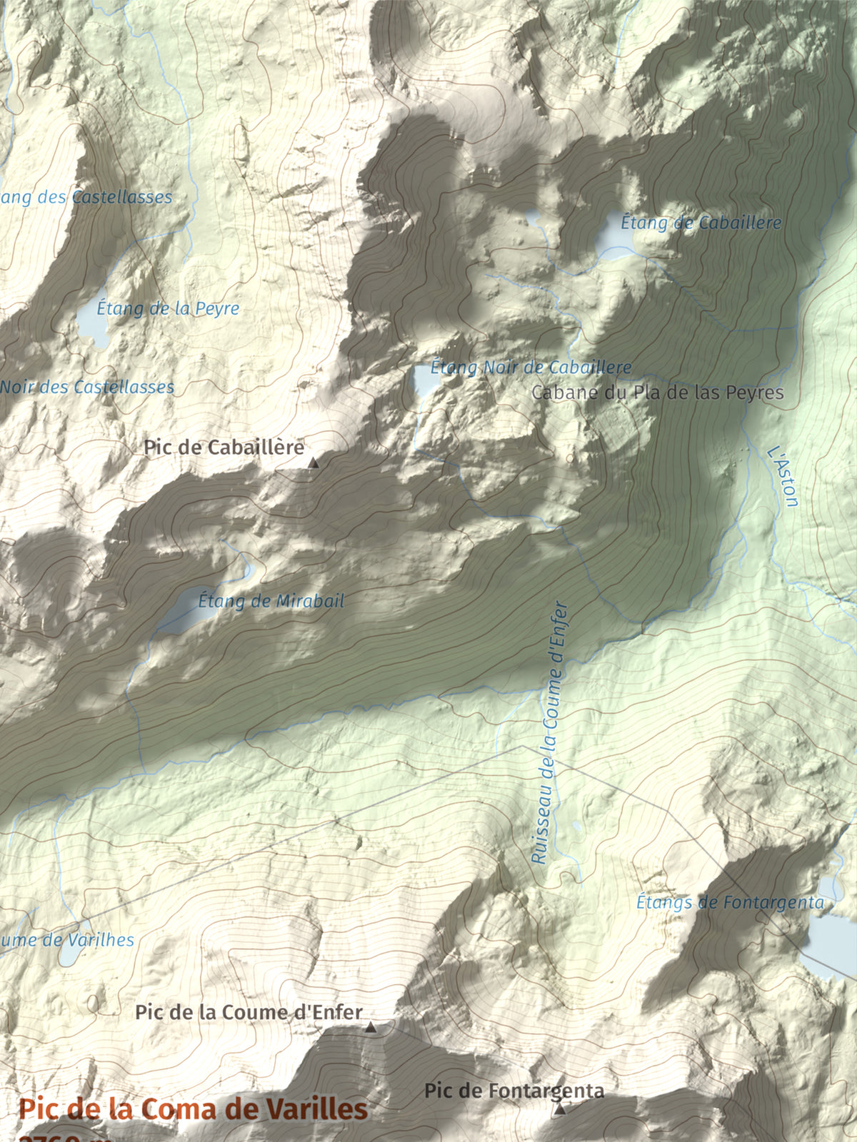 Mapa de relieve de Pic de la Coma de Varilles, 2760 m, Andorra, lámina 100 Cims de Trobart. Detalle de la zona superior derecha. 30 × 40 cm.