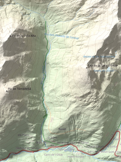 Mapa de relieve de Pic de la Coma de Varilles, 2760 m, Andorra, lámina 100 Cims de Trobart. Detalle de la zona inferior izquierda. 30 × 40 cm.