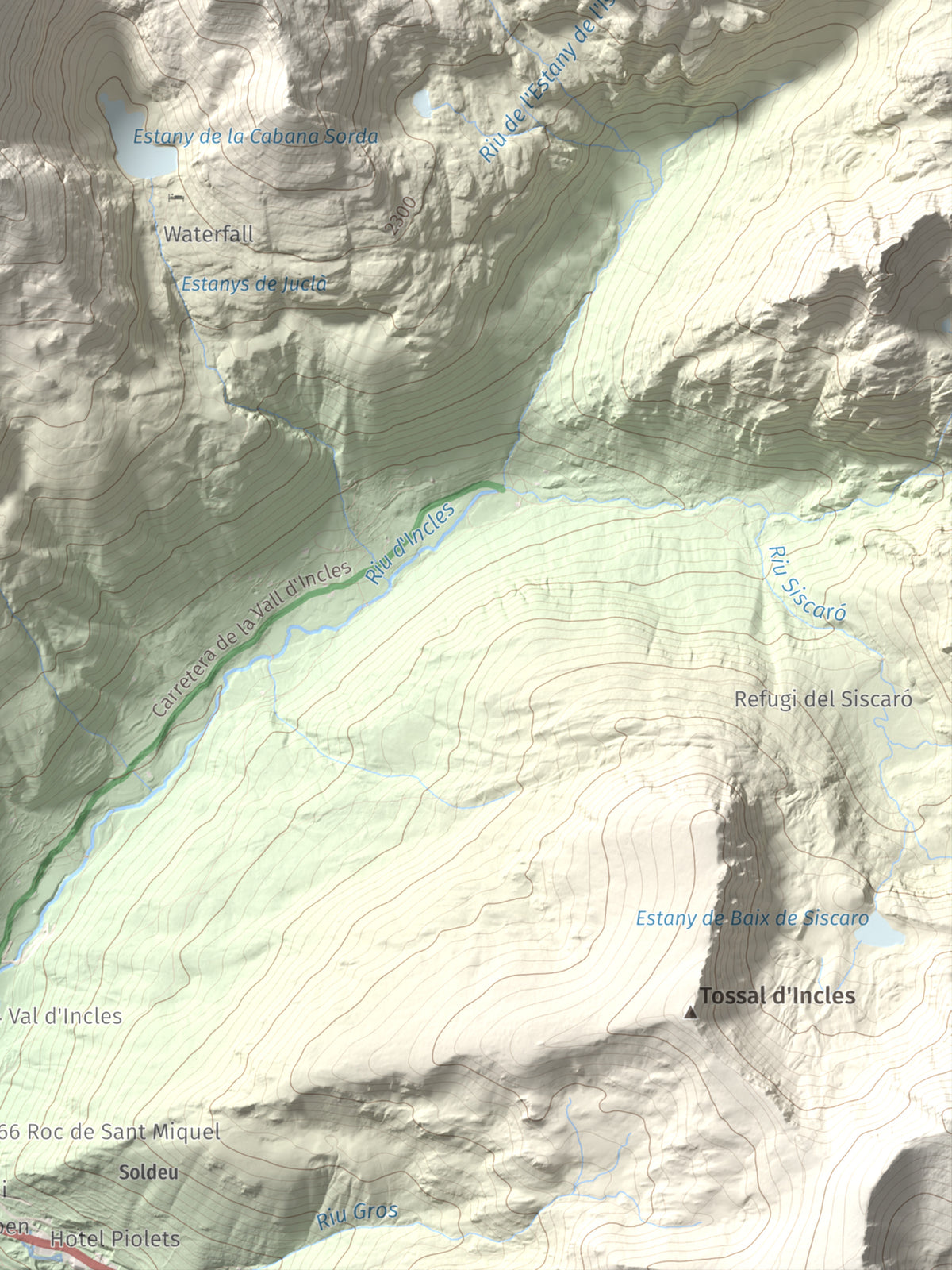 Mapa de relieve de Pic de la Coma de Varilles, 2760 m, Andorra, lámina 100 Cims de Trobart. Detalle de la zona inferior derecha. 30 × 40 cm.
