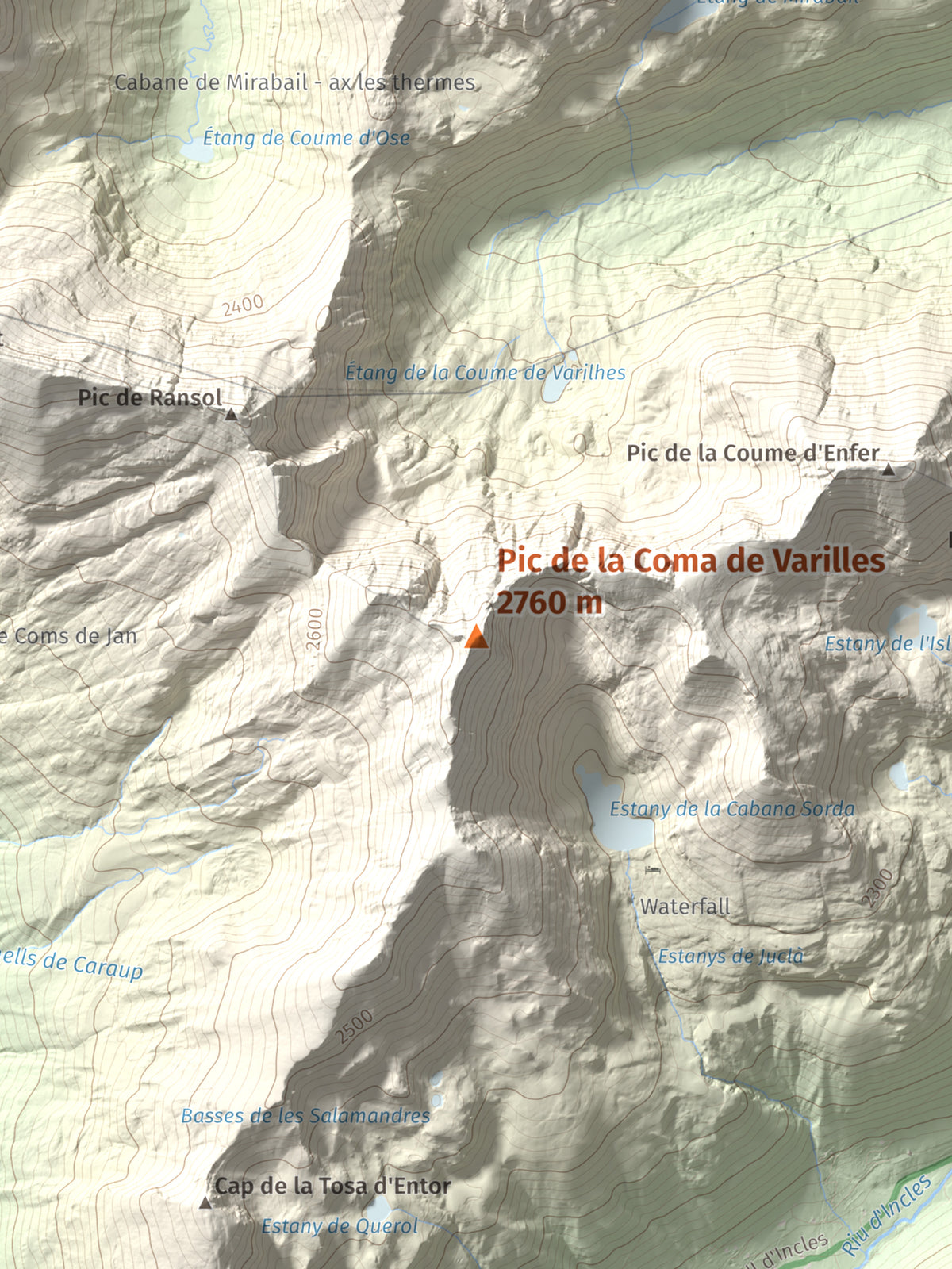 Mapa de relieve de Pic de la Coma de Varilles, 2760 m, Andorra, lámina 100 Cims de Trobart. Detalle de la zona central. 30 × 40 cm.