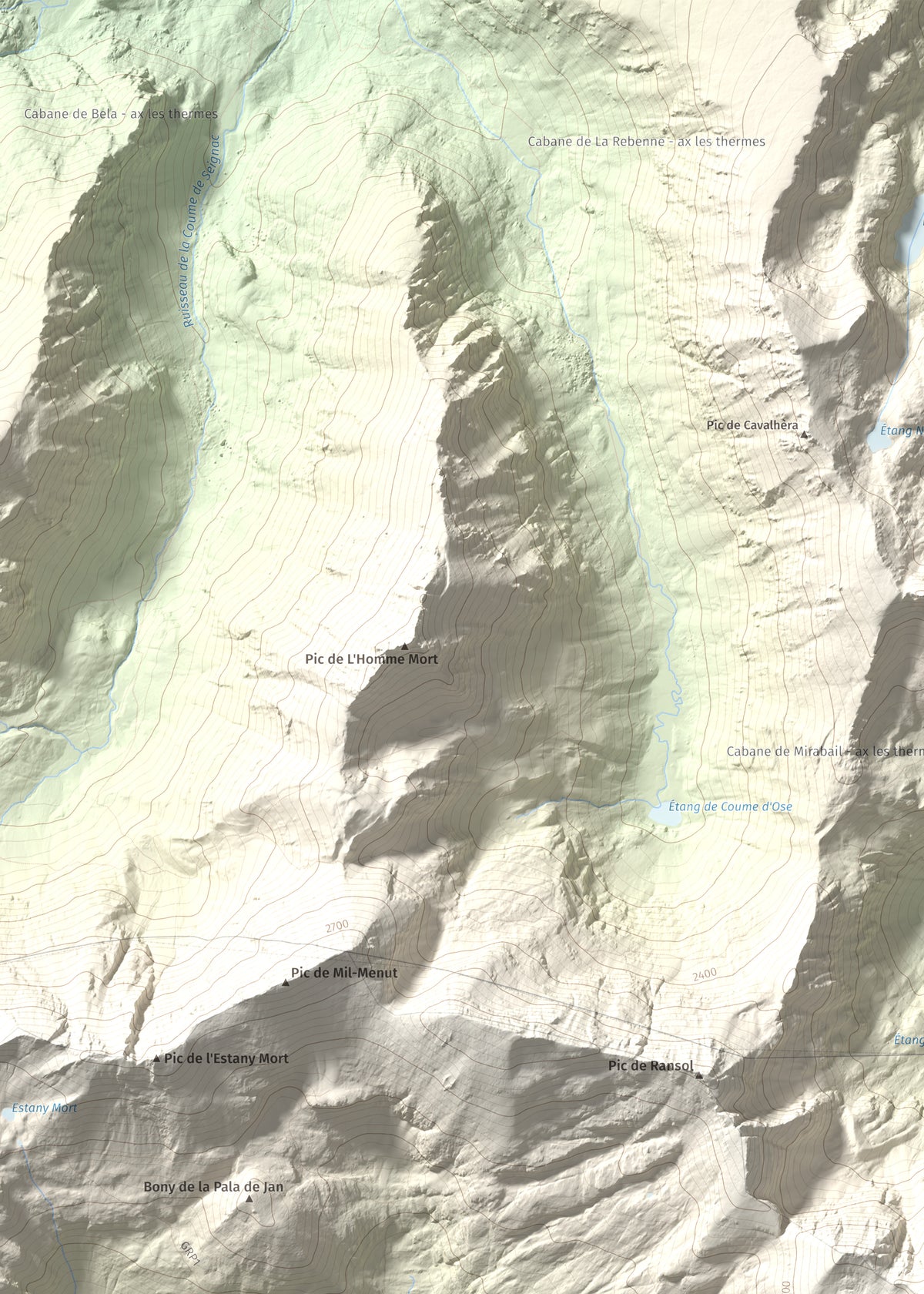 Mapa de relieve de Pic de la Coma de Varilles, 2760 m, Andorra, lámina 100 Cims de Trobart. Detalle de la zona superior izquierda. 50 × 70 cm.