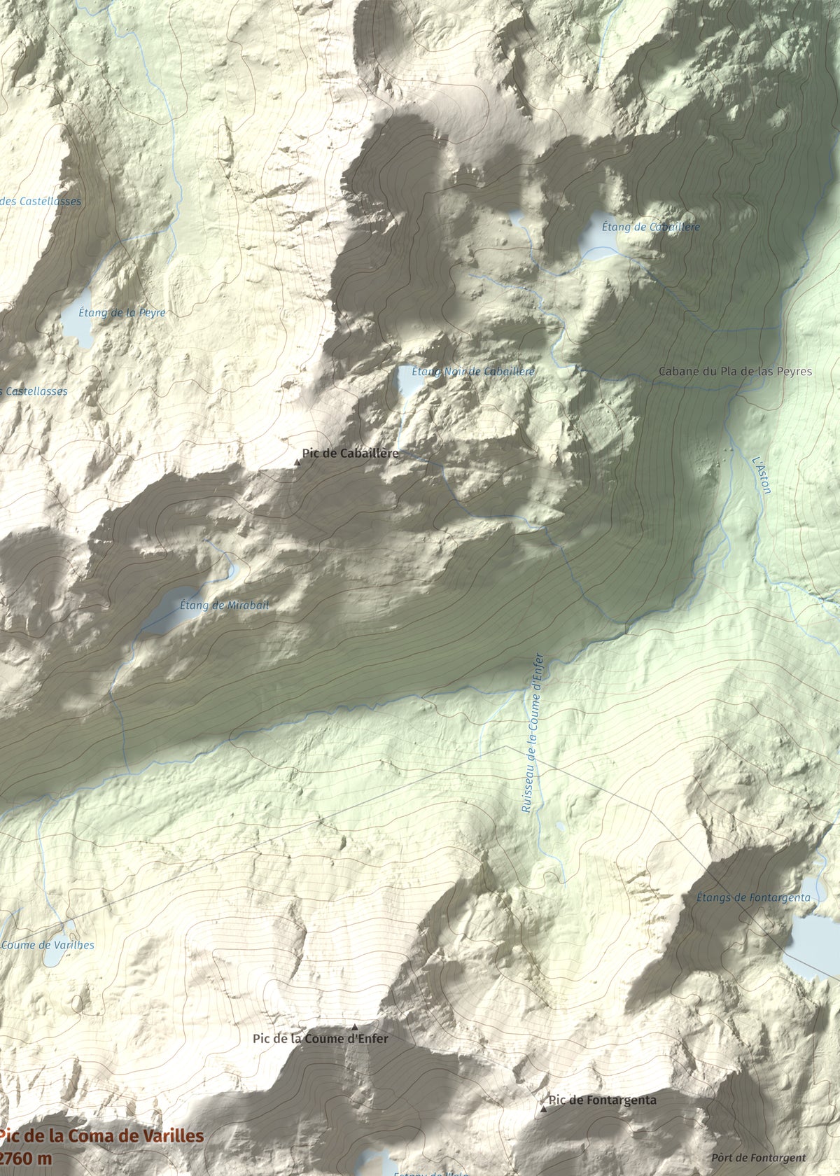Mapa de relieve de Pic de la Coma de Varilles, 2760 m, Andorra, lámina 100 Cims de Trobart. Detalle de la zona superior derecha. 50 × 70 cm.
