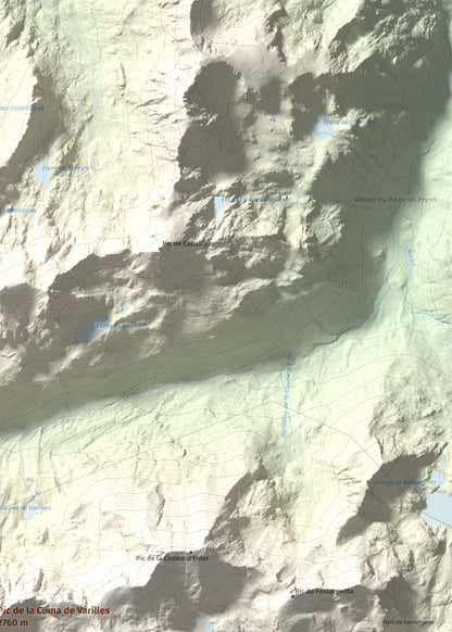 Mapa de relieve de Pic de la Coma de Varilles, 2760 m, Andorra, lámina 100 Cims de Trobart. Detalle de la zona superior derecha. 50 × 70 cm.