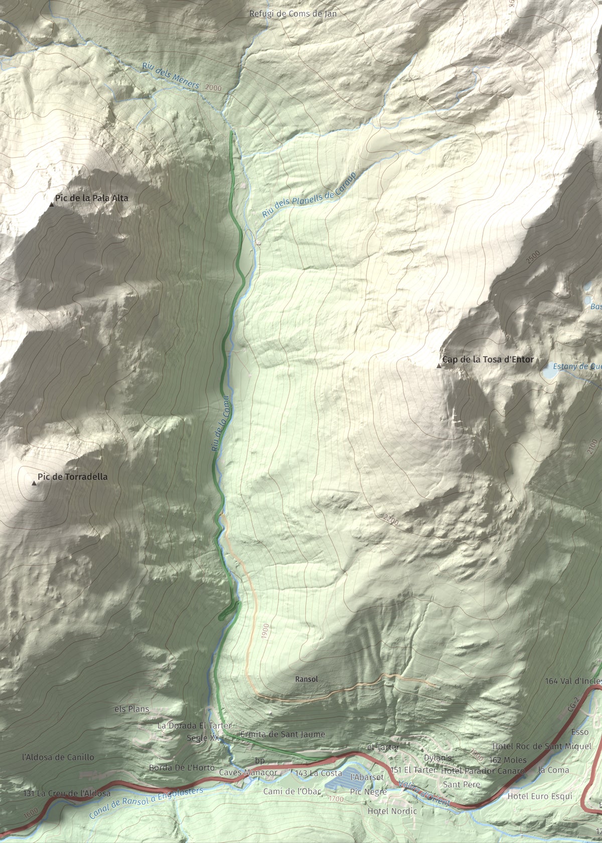 Mapa de relieve de Pic de la Coma de Varilles, 2760 m, Andorra, lámina 100 Cims de Trobart. Detalle de la zona inferior izquierda. 50 × 70 cm.