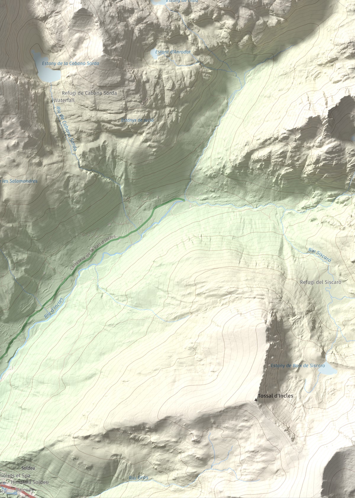 Mapa de relieve de Pic de la Coma de Varilles, 2760 m, Andorra, lámina 100 Cims de Trobart. Detalle de la zona inferior derecha. 50 × 70 cm.