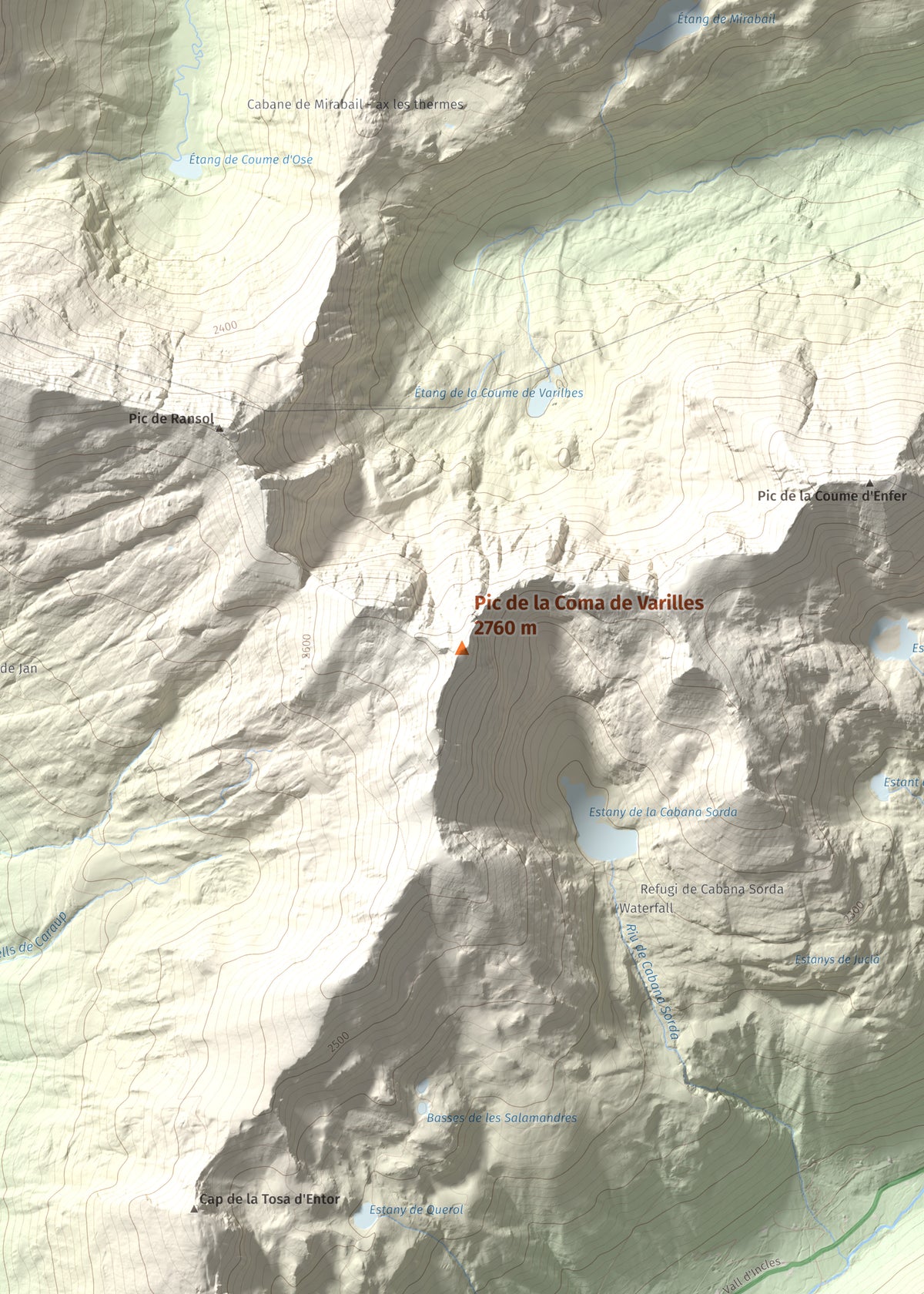 Mapa de relieve de Pic de la Coma de Varilles, 2760 m, Andorra, lámina 100 Cims de Trobart. Detalle de la zona central. 50 × 70 cm.