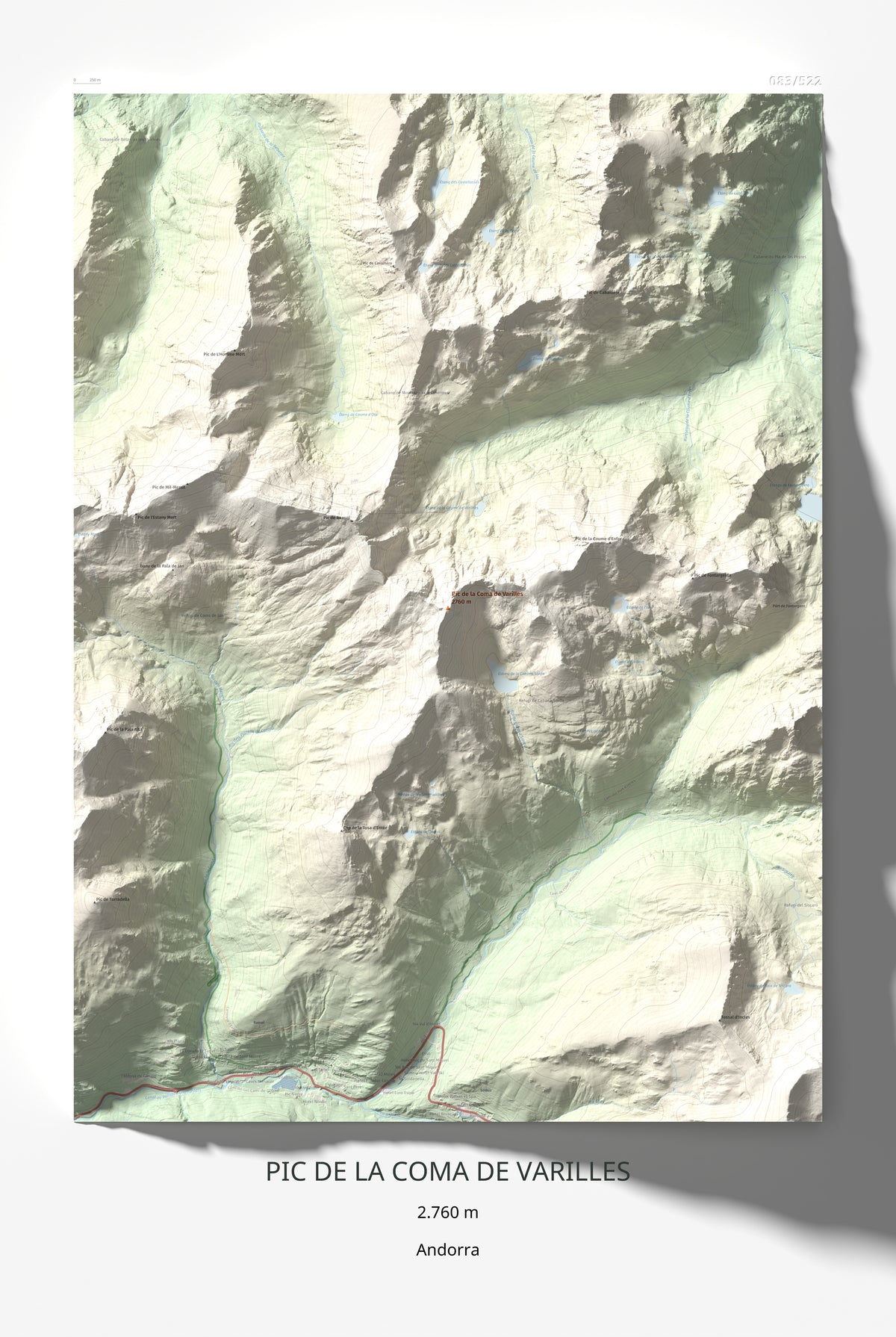 Mapa de relieve de Pic de la Coma de Varilles, 2760 m, Andorra, lámina 100 Cims de Trobart 61 × 91 cm.