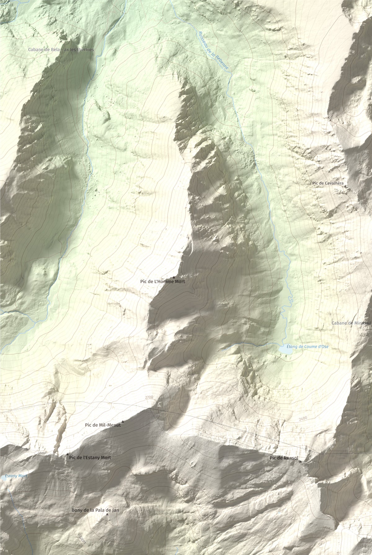 Mapa de relieve de Pic de la Coma de Varilles, 2760 m, Andorra, lámina 100 Cims de Trobart. Detalle de la zona superior izquierda. 61 × 91 cm.