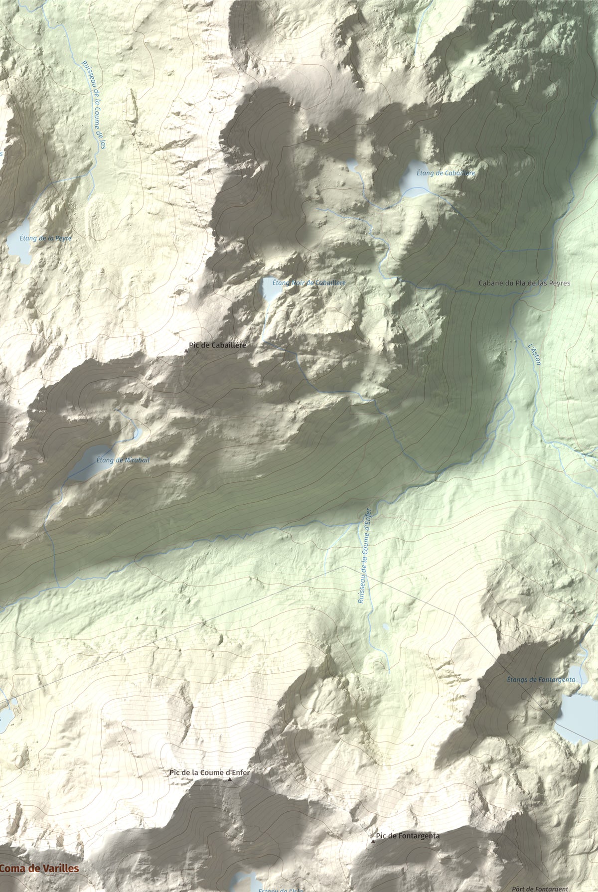 Mapa de relieve de Pic de la Coma de Varilles, 2760 m, Andorra, lámina 100 Cims de Trobart. Detalle de la zona superior derecha. 61 × 91 cm.
