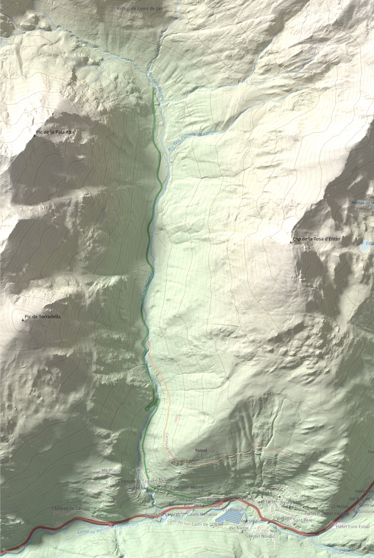 Mapa de relieve de Pic de la Coma de Varilles, 2760 m, Andorra, lámina 100 Cims de Trobart. Detalle de la zona inferior izquierda. 61 × 91 cm.