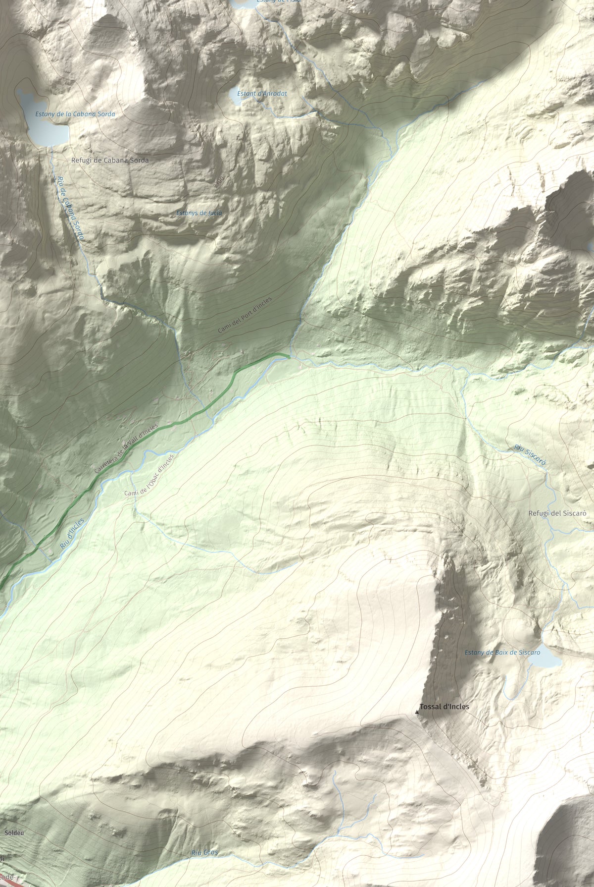 Mapa de relieve de Pic de la Coma de Varilles, 2760 m, Andorra, lámina 100 Cims de Trobart. Detalle de la zona inferior derecha. 61 × 91 cm.