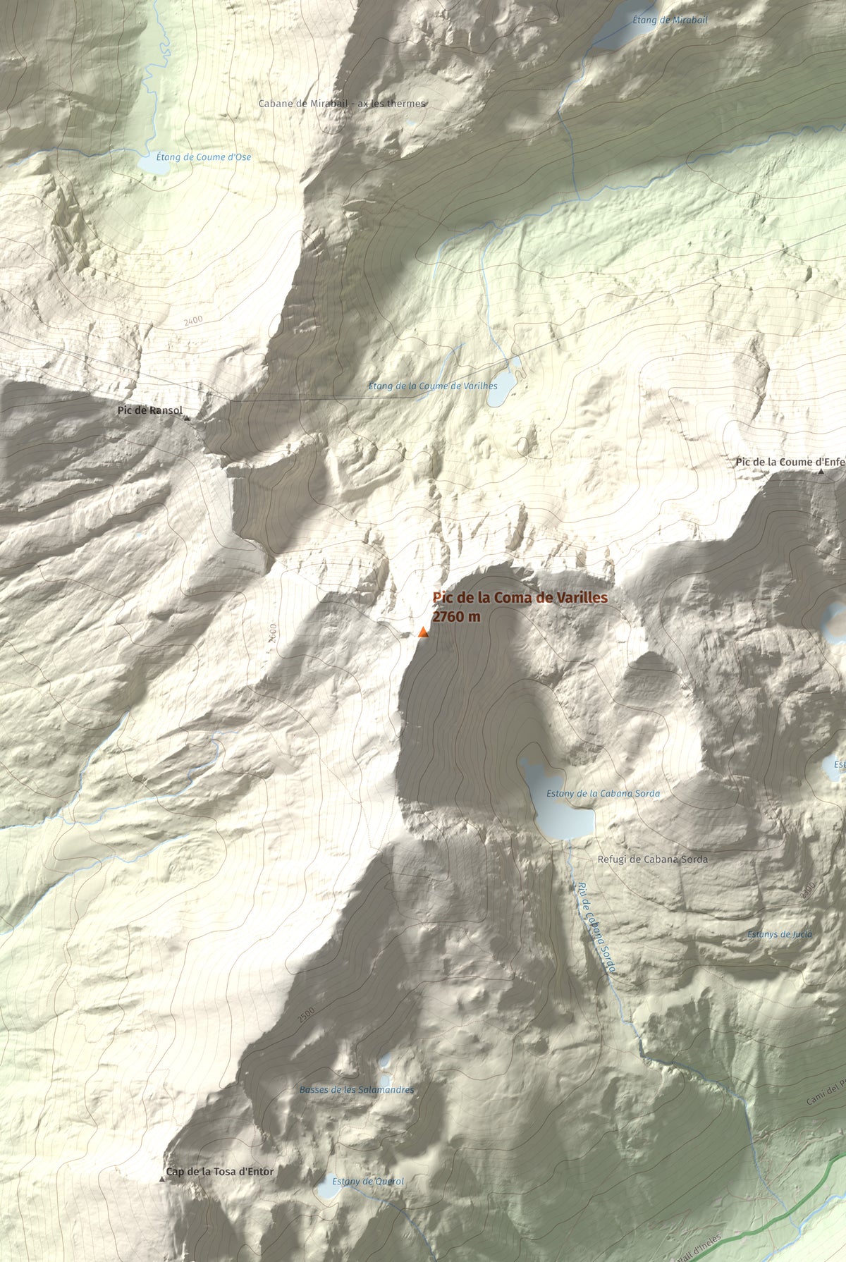 Mapa de relieve de Pic de la Coma de Varilles, 2760 m, Andorra, lámina 100 Cims de Trobart. Detalle de la zona central. 61 × 91 cm.