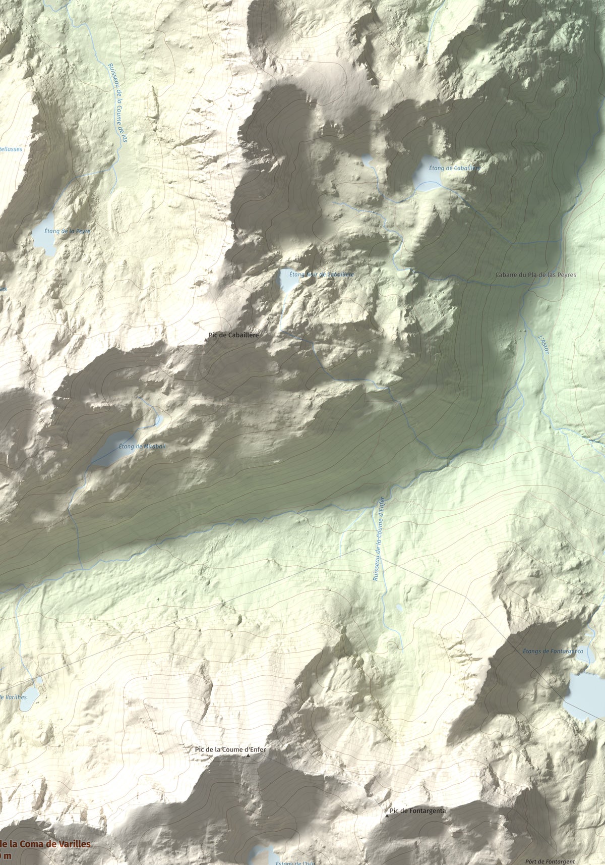 Mapa de relieve de Pic de la Coma de Varilles, 2760 m, Andorra, lámina 100 Cims de Trobart. Detalle de la zona superior derecha. 70 × 100 cm.