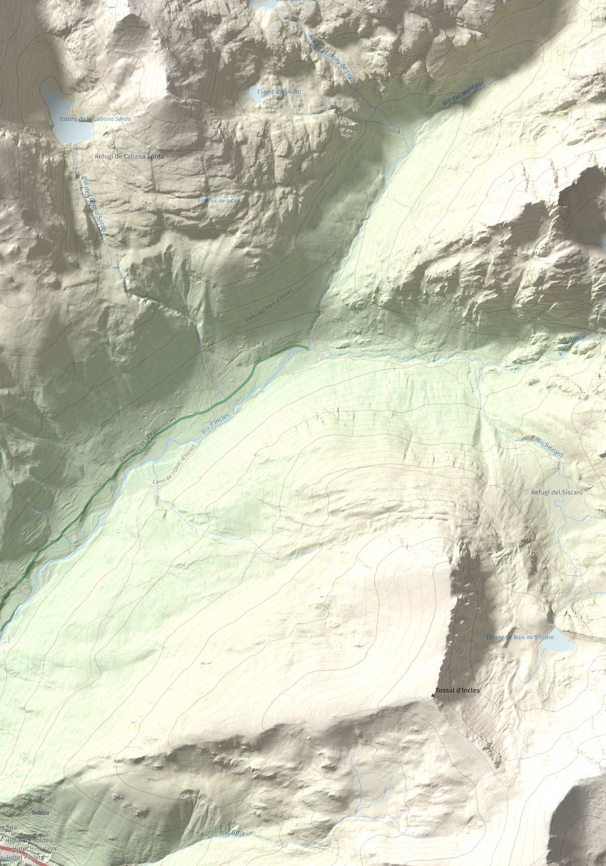 Mapa de relieve de Pic de la Coma de Varilles, 2760 m, Andorra, lámina 100 Cims de Trobart. Detalle de la zona inferior derecha. 70 × 100 cm.