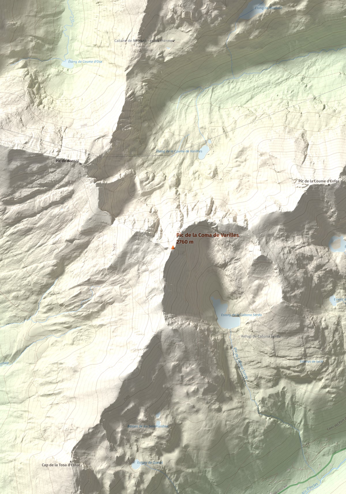 Mapa de relieve de Pic de la Coma de Varilles, 2760 m, Andorra, lámina 100 Cims de Trobart. Detalle de la zona central. 70 × 100 cm.